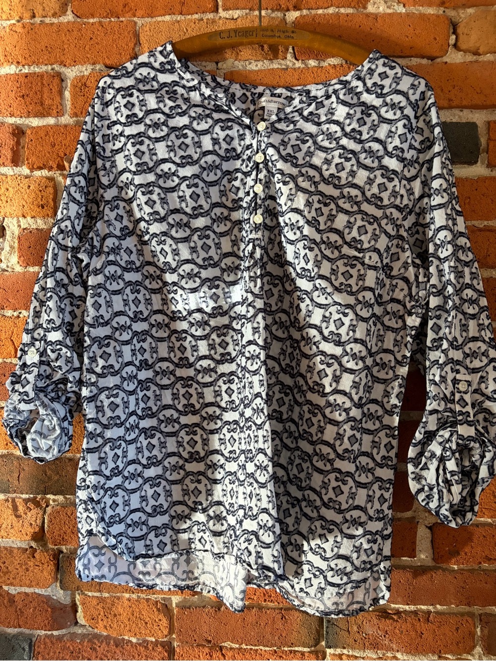 Croft & Barrow Blue White Geometric Tile Henley Blouse Roll Tab Sleeve 2X XXL